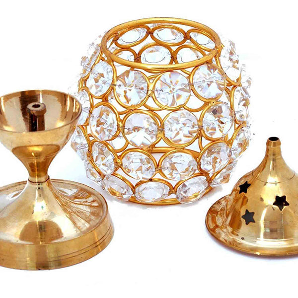 Akhand Diya Decorative Brass Crystal Tea Light Puja Lamp (Small) - Chirukaanuka