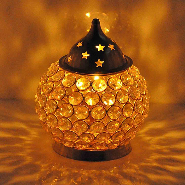 Akhand Diya Decorative Brass Crystal Tea Light Puja Lamp (Small) - Chirukaanuka