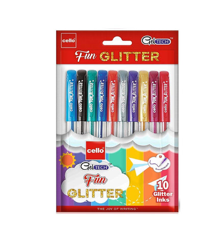 Cello Geltech Fun Glitter Gel Pen (Pack of 10 pens in Multicolour ink)