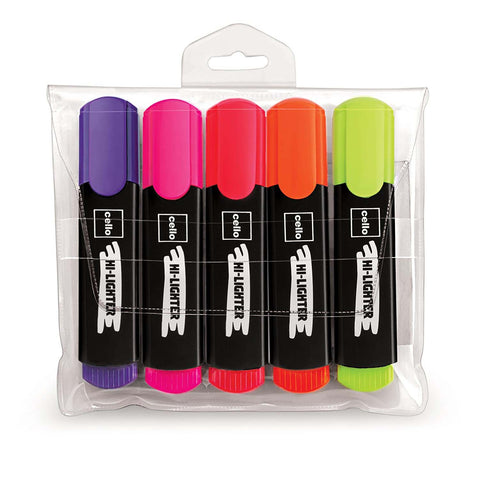 Cello Hi-lighter (Pack of 5, Vivid Colors - Yellow, Pink, Peach, Orange and Purple)