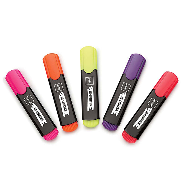 Cello Hi-lighter (Pack of 5, Vivid Colors - Yellow, Pink, Peach, Orange and Purple)