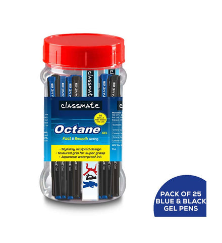 Classmate Octane Gel Pen (Blue & Black)- Pack of 25 + 10 Gel Refills FREE